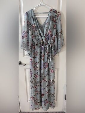 Bailey Blue Floral Maxi Dress Sage Blue Faux Wrap Bell Sleeve Size M